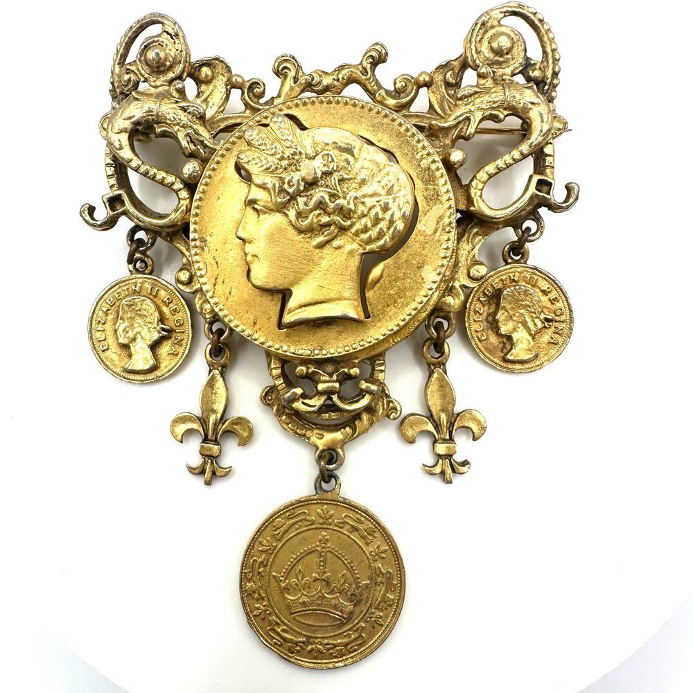 Vintage gold plated massive cameo coins dangling charms brooch